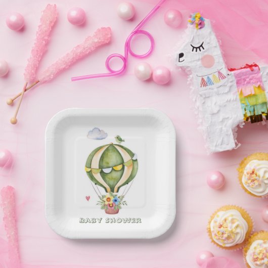 セージグリーンホットエアバルーンフローラガールベビーシャワー ペーパープレート (パーティー)