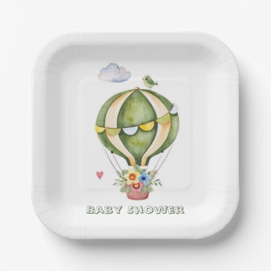 セージグリーンホットエアバルーンフローラガールベビーシャワー ペーパープレート (正面)