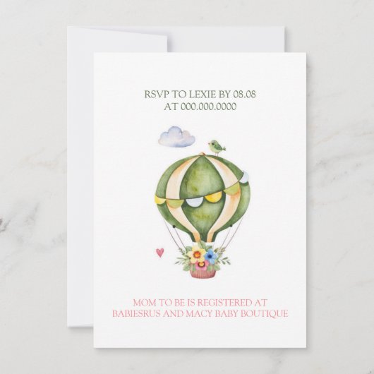 セージグリーンホットエアバルーンフローラガールベビーシャワー 招待状 (裏面)