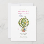 セージグリーンホットエアバルーンフローラガールベビーシャワー 招待状 (正面)