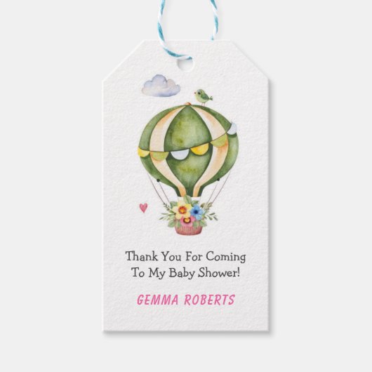 セージグリーンホットエアバルーン赤ちゃんシャワーありがとう ギフトタグ (正面)
