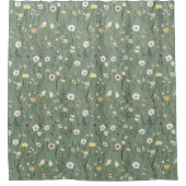 セージグリーンホワイトイエローワイルドフラワーズボホトレンディー シャワーカーテン (正面)