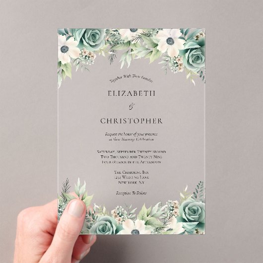 セージグリーンホワイトウォーターの色のフローラ結婚ズ アクリル招待状 (インサイチュ (ポータブル))
