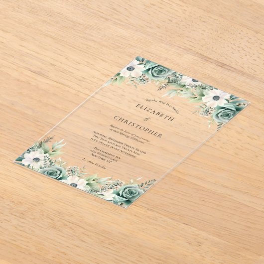 セージグリーンホワイトウォーターの色のフローラ結婚ズ アクリル招待状 (レイダウン)