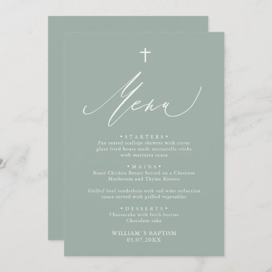 セージグリーンホワイトクロスボーイバプティスメニューカード メニュー (正面/裏面)