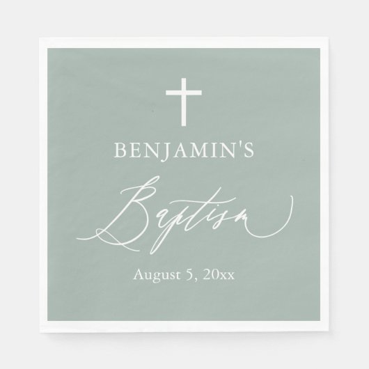 セージグリーンホワイトクロスボーイバプテスマ紙ナプキンス スタンダードランチョンナプキン (正面)