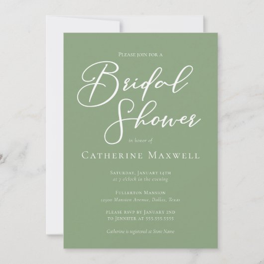 セージグリーンホワイトタイポグラフィブライダルシャワー 招待状 (正面)
