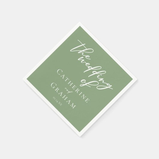 セージグリーンホワイトタイポグラフィミニマル結婚リスト スタンダードカクテルナプキン (角)