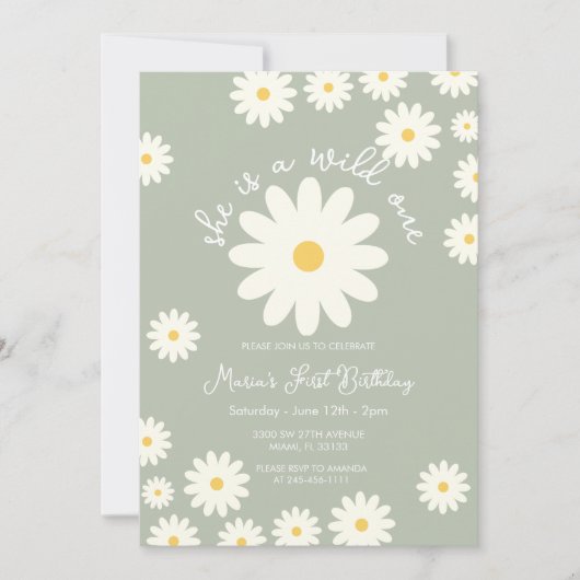 セージグリーンホワイトデイジー彼女はワイルドワン誕生日 招待状 (正面)