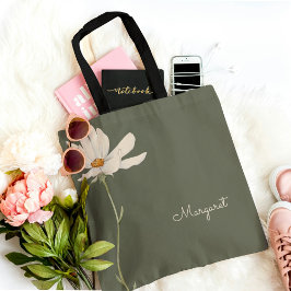 セージグリーンホワイトフラワーミニマルシンプル トートバッグ