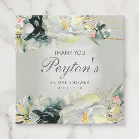 セージグリーンホワイトフローラグリッターブライダルシャワー フェイバータグ (正面)