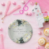 セージグリーンホワイトフローラグリッターブライダルシャワー ペーパープレート (パーティー)