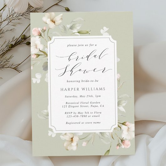 セージグリーンホワイトフローラブライダルシャワー 招待状