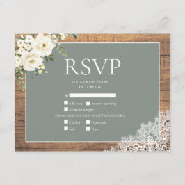 セージグリーンホワイトフローラレースウッドウェディングRSVP インビテーションポストカード