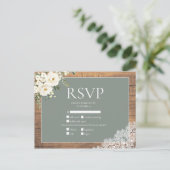 セージグリーンホワイトフローラレースウッドウェディングRSVP インビテーションポストカード (スタンド正面)