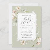 セージグリーンホワイトフローラ男女兼用ベビーシャワー 招待状 (正面)