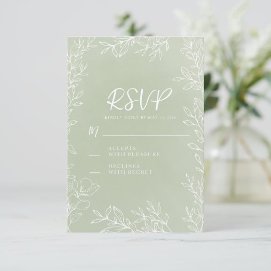セージグリーンホワイトボタニカル庭園の結婚式 出欠カード (スタンド正面)