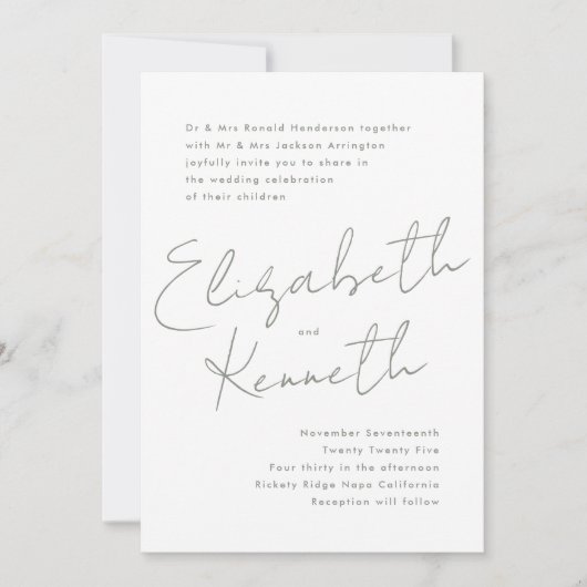 セージグリーンホワイトモダン名前をカスタムする結婚ズ 招待状 (正面)