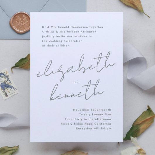 セージグリーンホワイトモダン名前をカスタムする結婚ズ 招待状