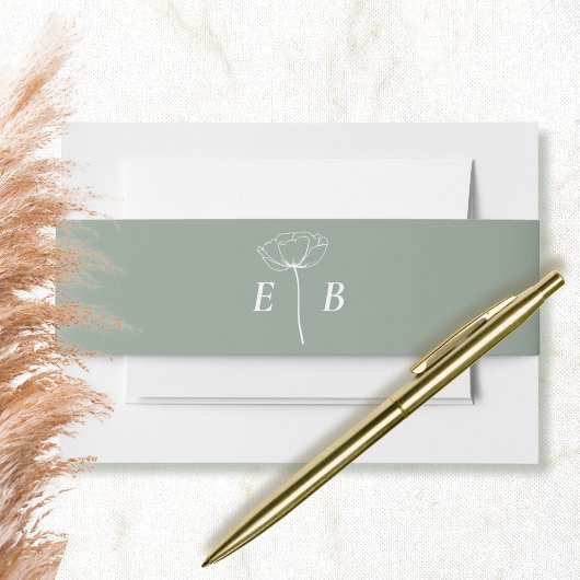 セージグリーンホワイトモノグラムフローラアクセントイニシャル 招待状ベリーバンド