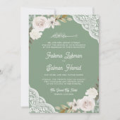 セージグリーンホワイトローズレースイスラム結婚教徒 招待状 (正面)
