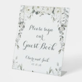 セージグリーンホワイト牡丹サイン私たちのゲストブック 台座サイン (正面)
