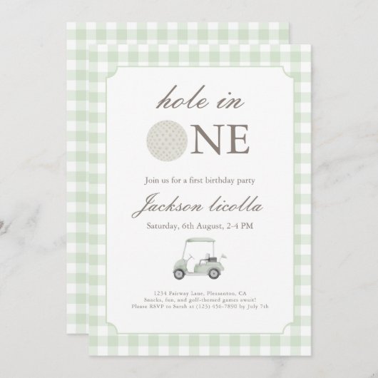 セージグリーンホールインワンゴルフ誕生日招待状 招待状 (正面/裏面)