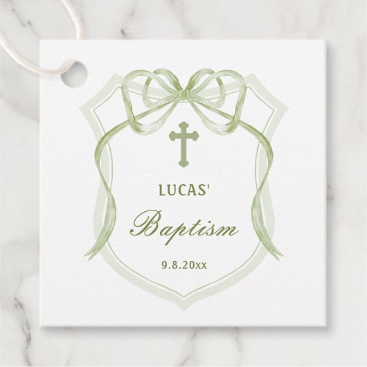 セージグリーンボウクレストバプテスマメッセージカード フェイバータグ (正面)
