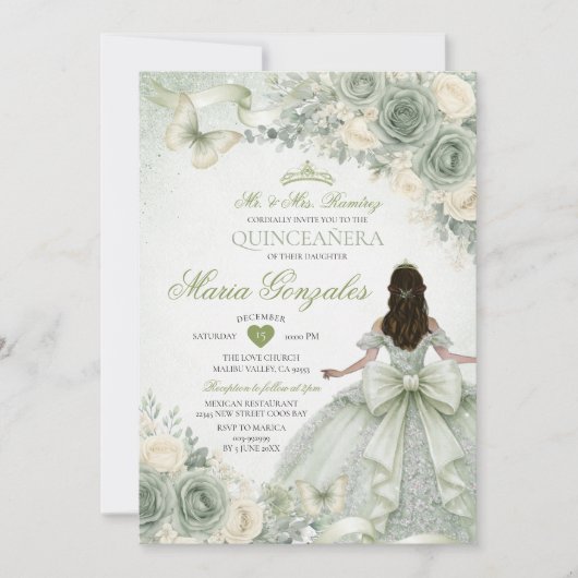 セージグリーンボウフラワープリンセスドレスQuinceañera 招待状 (正面)