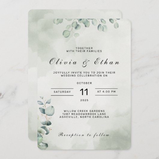 セージグリーンボタニカルウォーター結婚式招待状 招待状 (正面/裏面)