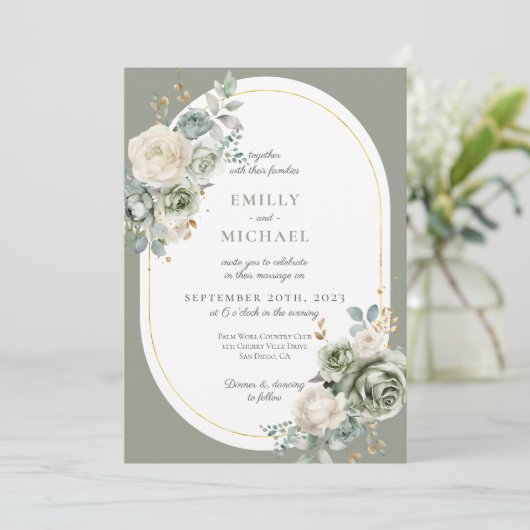 セージグリーンボタニカルエレガントウェディング招待状 招待状 (スタンド正面)
