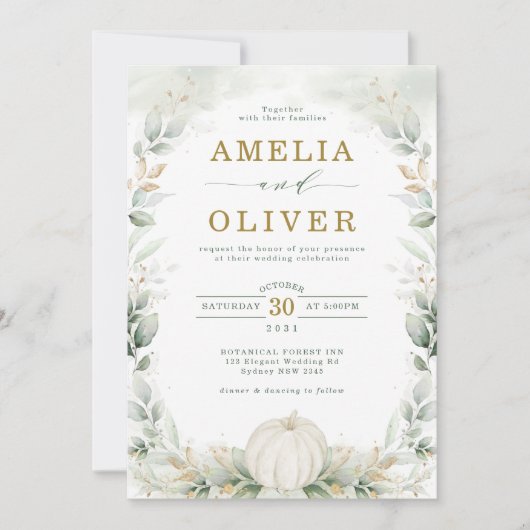 セージグリーンボタニカルカボチャ結婚ユーカリ 招待状 (正面)