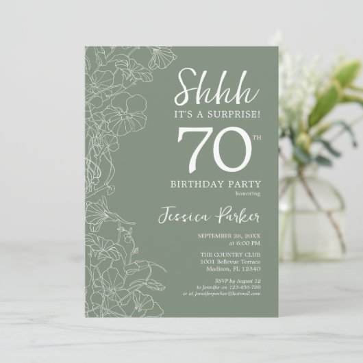 セージグリーンボタニカルサプライズ70誕生日 招待状 (スタンド正面)