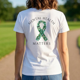 セージグリーンボタニカルバックプリントメンタルヘルス Tシャツ