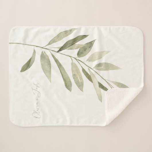 セージグリーンボタニカルボモダンホパーソナライズされた シェルパブランケット (正面(横))