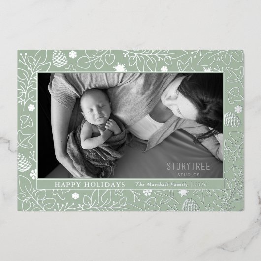 セージグリーンボタニカルメリークリスマスバラ金ゴールド 箔シーズンカード (正面)