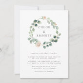 セージグリーンボタニカルリース、ホワイトフローラ結婚ズ 招待状 (正面)