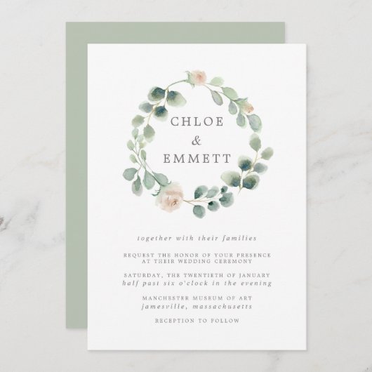 セージグリーンボタニカルリース、ホワイトフローラ結婚ズ 招待状 (正面/裏面)