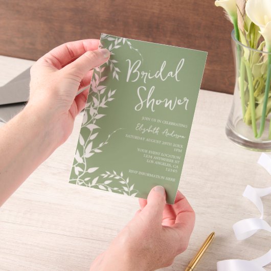 セージグリーンボタニカル離れブライダルシャワー ベラム紙招待状 (ポータブル)