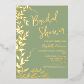 セージグリーンボタニカル離れブライダルシャワー 箔招待状 (正面)