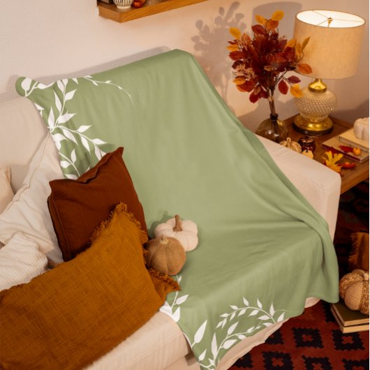 セージグリーンボタニカル離れ フリースブランケット