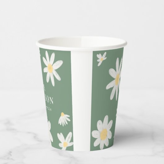 セージグリーンボヘミアンダイジーフラワーウェディングペーパーカップ 紙コップ (左)