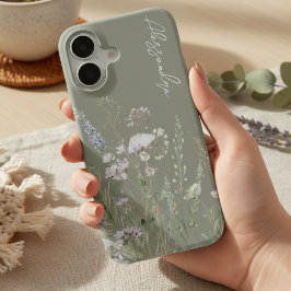 セージグリーンボホウォーターカラーワイルドフラワー iPhone 16ケース