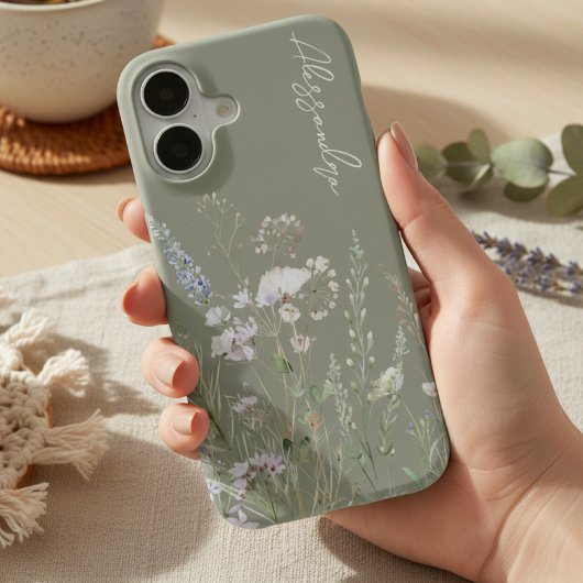 セージグリーンボホウォーターカラーワイルドフラワー iPhone 16ケース