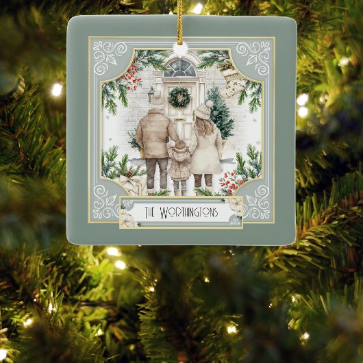 セージグリーンボホシックパーソナライズされたファミリークリスマス セラミックオーナメント