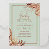 セージグリーンボホシックベビーシャワー実在バラ金ゴールド 箔招待状 (正面)