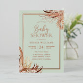 セージグリーンボホシックベビーシャワー実在バラ金ゴールド 箔招待状 (立ち正面)
