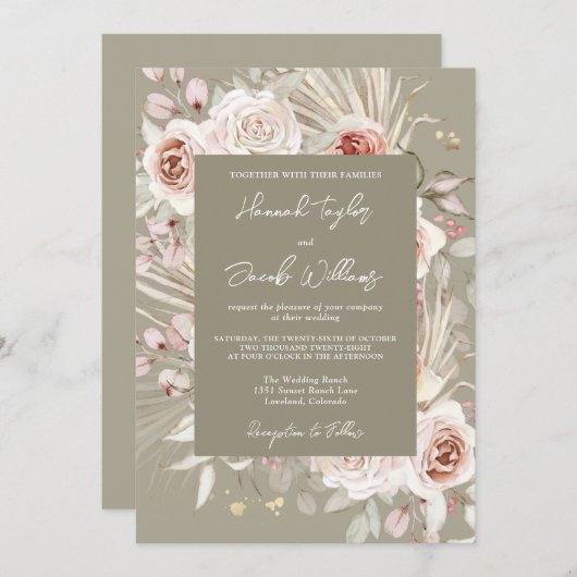 セージグリーンボホシック素朴フローラ結婚ズ 招待状 (正面/裏面)