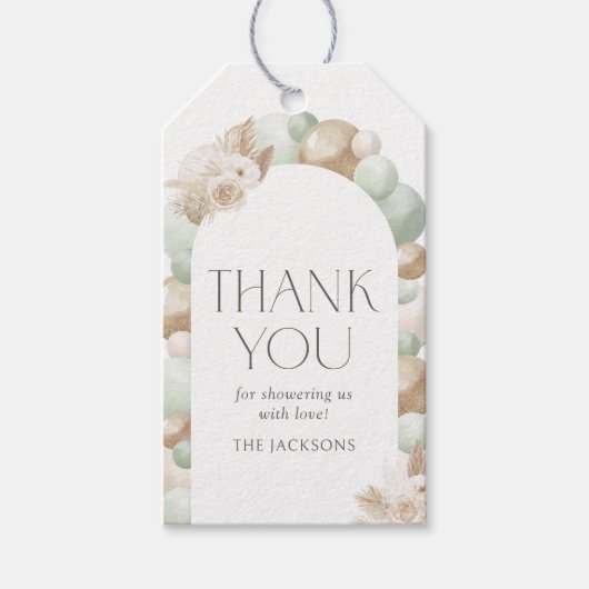 セージグリーンボホパンパスグラスアーチベイビーシャワー ギフトタグ (正面)