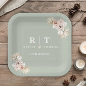 セージグリーンボホフローラエレガントウェディングモノグラム ペーパープレート